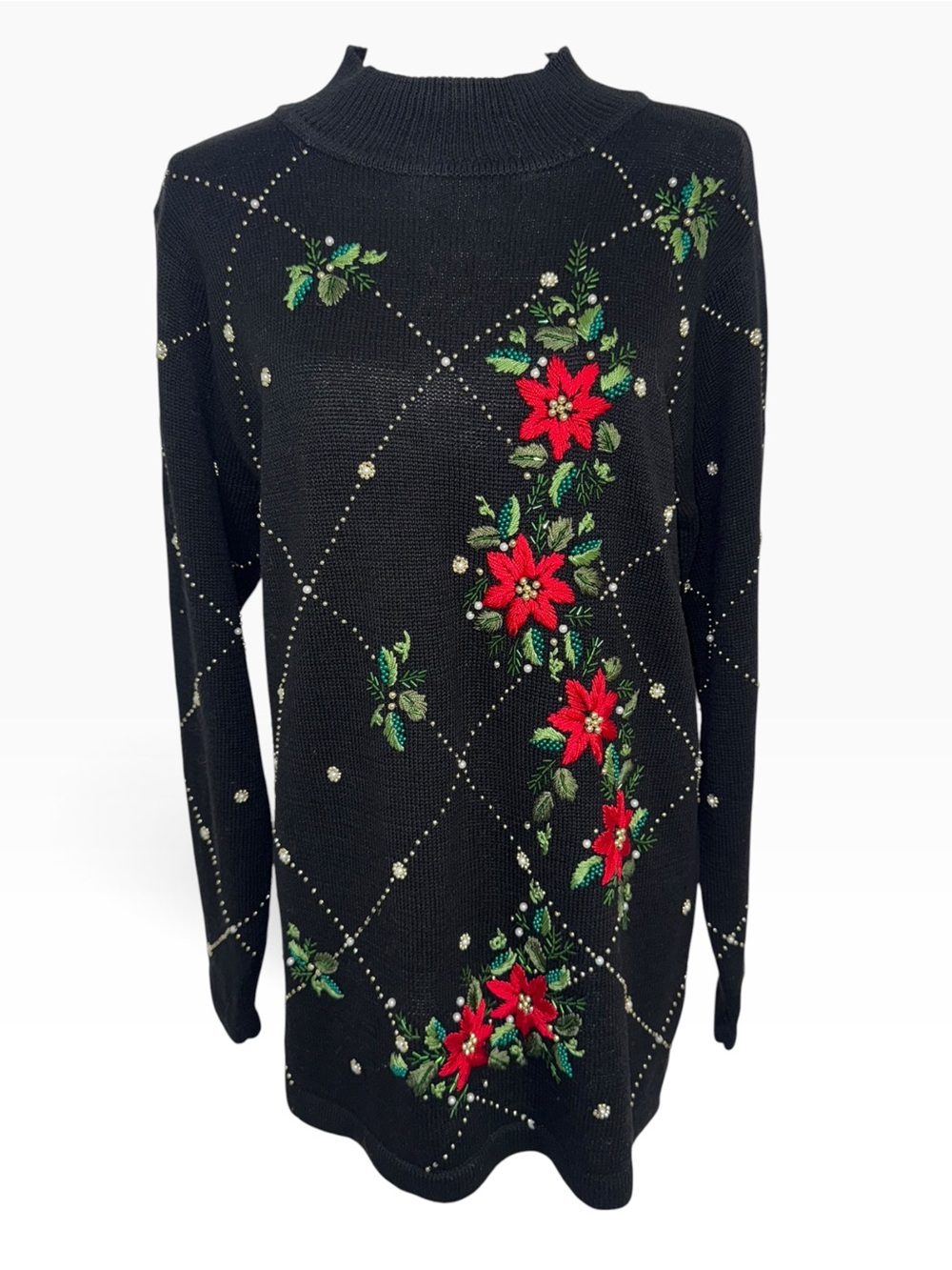 B.P. Design Christmas Sweater Women M Black Poinsettia Beaded Pearl Embroidered